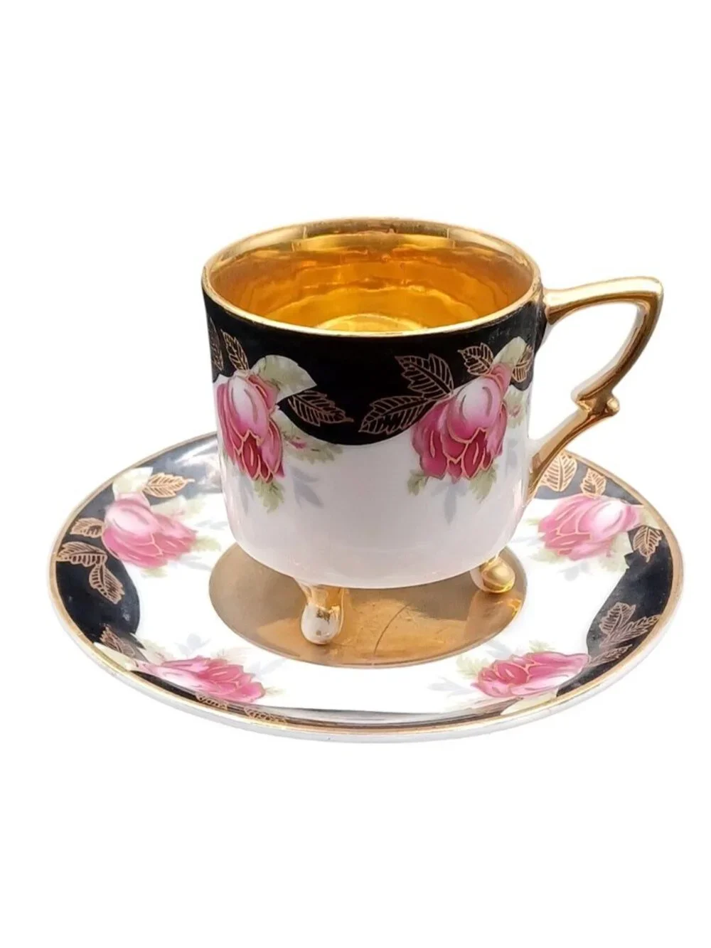 Vintage Lefton Footed Demitasse Cup Saucer #20515 Japan Gold Pink Roses Black